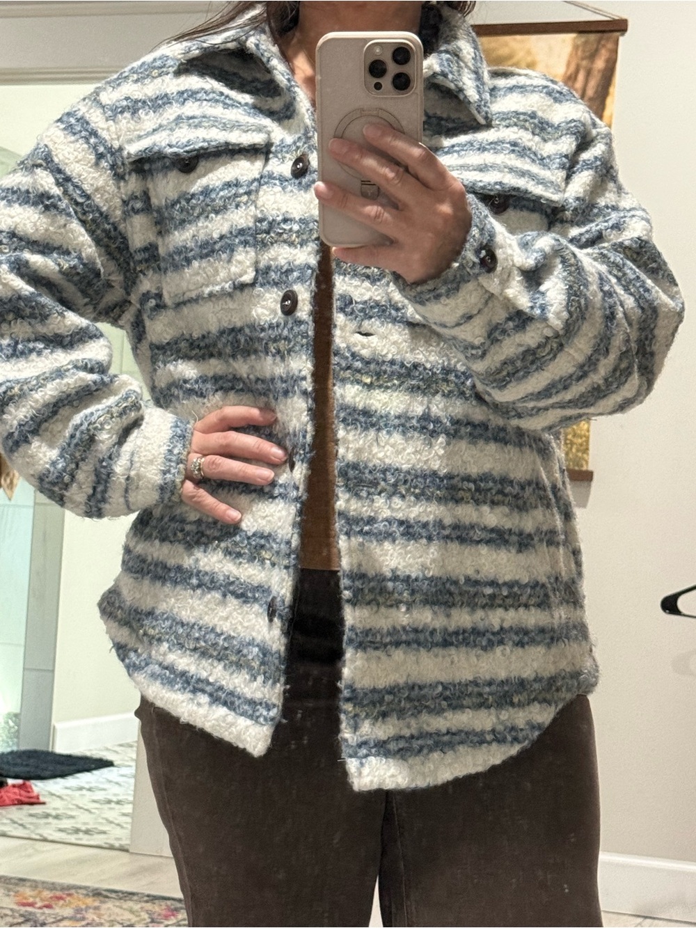 Listicle Blue and Cream Striped Fuzzy Shacket